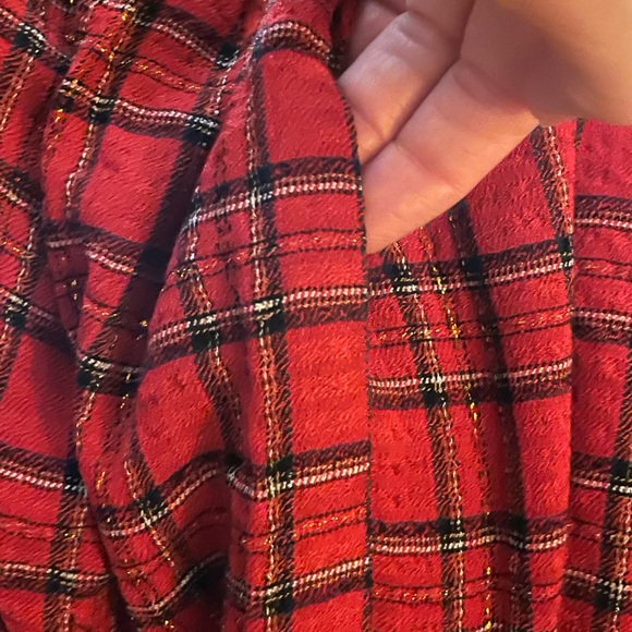 LOFT Ann Taylor Shimmer Red Plaid Tiered mini Dress size large gold buttons tie - Picture 11 of 16